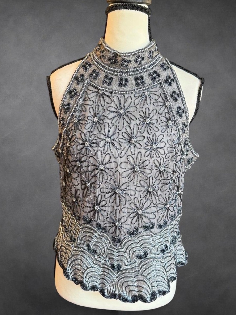 Vintage Papell Boutique Evening Silk Hand Beaded Open Back Halter Top - Size PL
